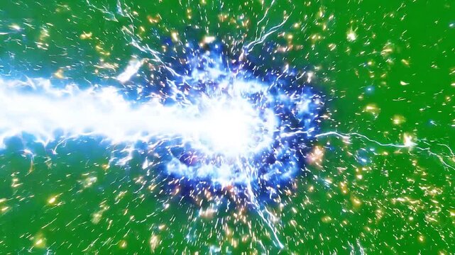 Fantastic visual effect of a powerful blue electric sphere of energy exploding and imploding with sparks and lightning on a green screen