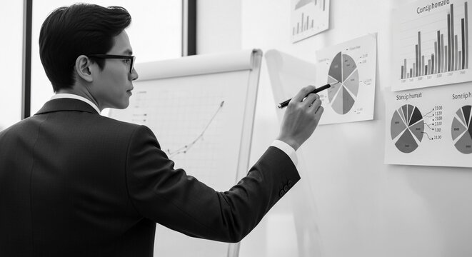Professional Asian economist in a suit meticulously analyzing financial data on a whiteboard during an office presentation.