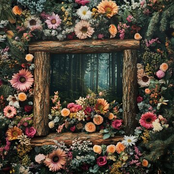   Colorful Flower Frame Surrounding Freshly Cut Tree Logs in Forest Nature Scene