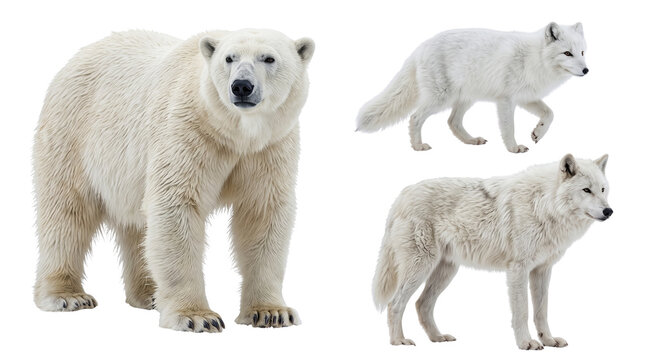 Arctic animals collage, polar bear, arctic fox, and arctic wolf isolated on white background, wildlife predators set