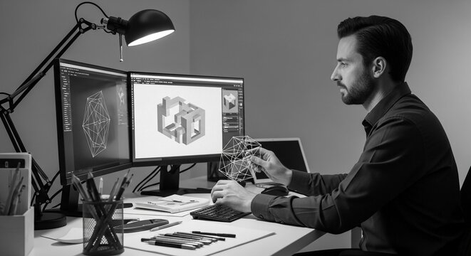 Professional digital artist intently working on 3D modeling software on a computer in a studio setting