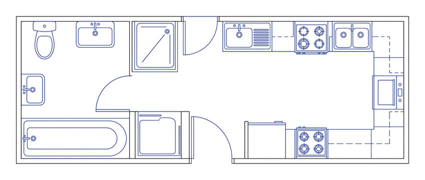 Compact studio apartment floor plan outline with kitchen and bathroom fixtures, Isolated on Transparent background png