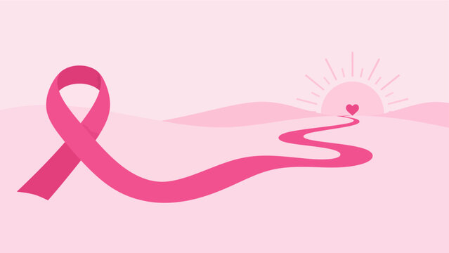 Breast cancer recovery journey path leading to sunrise representing hope and survivor healing process