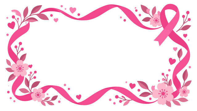 Pink ribbon floral frame background template with cherry blossoms and leaves for breast cancer awareness month