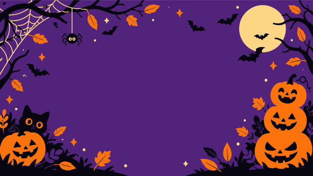 Spooky halloween background frame with black cat carved pumpkins and full moon on purple night sky
