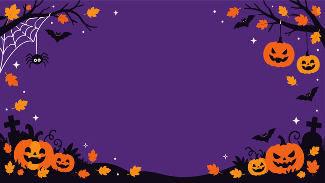 Halloween graveyard background template featuring carved pumpkins bats and spiderweb border on purple sky