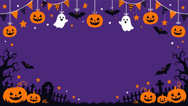 Halloween party invitation background template with hanging ghosts bats and carved pumpkins on purple sky