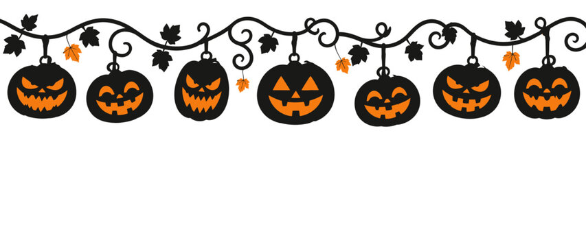 Halloween pumpkin border template featuring hanging spooky jack o lantern silhouettes and autumn leaves for festive banner design