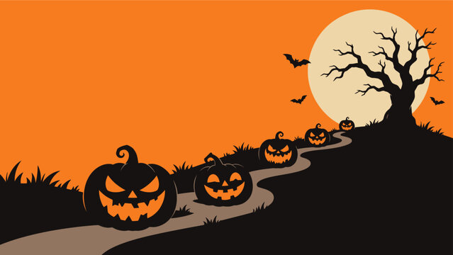 Spooky Halloween landscape background featuring carved pumpkins along winding path with dead tree and full moon on orange sky