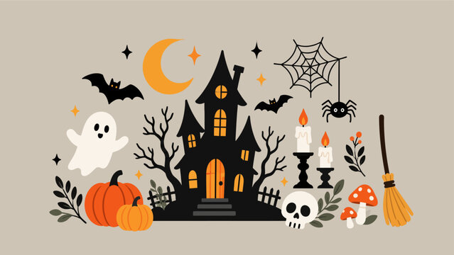 Halloween haunted house icon set with cute ghost bat pumpkin and skull for spooky festive autumn party design