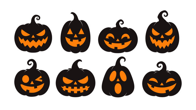 Halloween pumpkin icon set featuring scary and funny jack o lantern face silhouettes for festive decoration