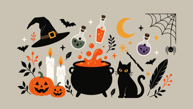 Halloween witchcraft element set featuring magic potion cauldron black cat and witch hat for spooky party design