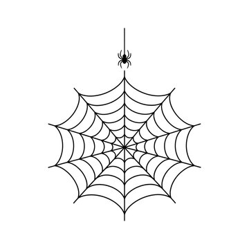 Halloween spider web isolated icon with hanging spider line art vector for spooky festive decoration