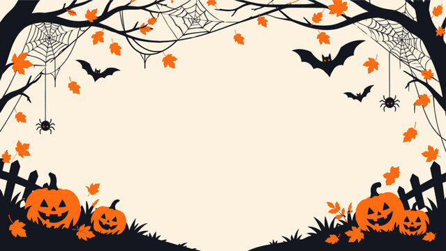 Halloween banner background template with spooky tree branches bats and carved pumpkins framing empty copy space