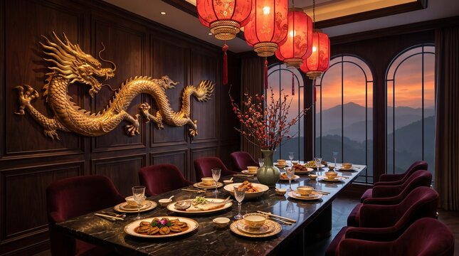 Traditional Chinese dining room with golden dragon wall sculpture and red lanterns. Luxury oriental restaurant interior with mountain sunset view. Elegant banquet table set for Lunar New Year.