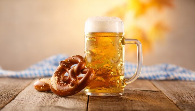 Oktoberfest beer steins with pretzels at an autumn celebration