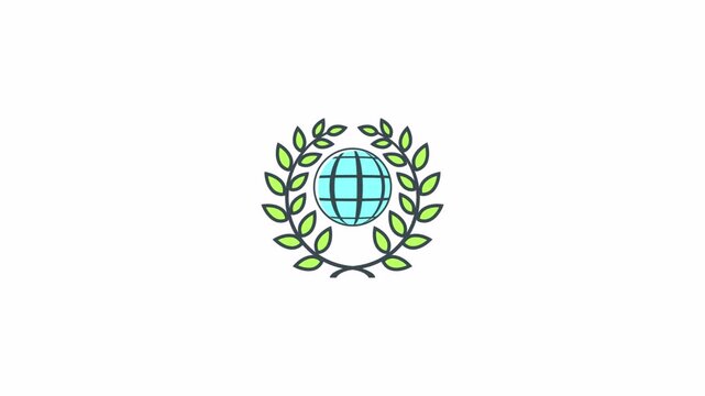 A minimal hand drawn illustration of a globe surrounded by laurel leaves.