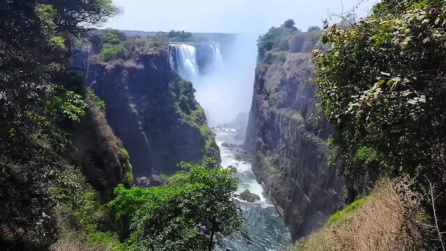 Victoria Falls pours into a narrow rocky gorge, sending mist above the Zambezi River as green trees frame the view from a nearby overlook.