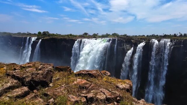 Several broad streams of Victoria Falls pour over the dark cliff edge, with sunlit rocks and dry grass in the foreground under a blue sky.