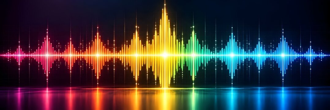Vibrant glowing rainbow audio waveform equalizer on dark reflective background for sound music and digital technology concept