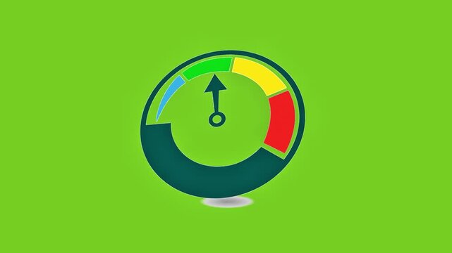 Animated speed gauge meter icon on chroma key green background, representing performance, velocity, risk levels, and progress tracking.