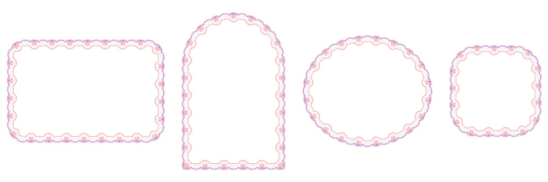 Peach lattice trim with lavender fan scallops outlines rounded oblong, arch, wide ellipse plus small square frames on ivory as Victorian crochet set for wedding invitation labels or craft projects.