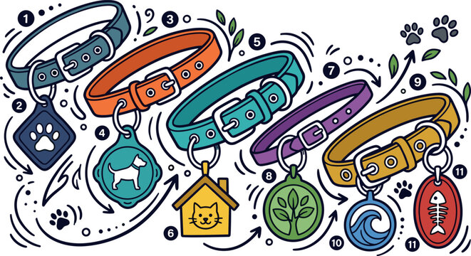 Dog collars vector illustration with colorful tags and cute pet accessories, doodle style drawing
