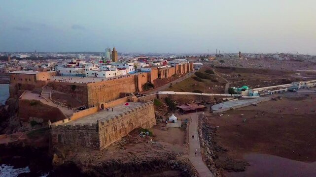 The Kasbah of the Udayas sits above the ocean as a drone retreats from Rabat.