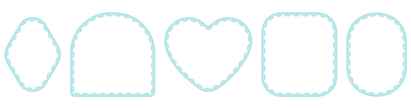 Pale cyan bold eyelet scallop lace borders outline diamond, arch, heart, square plus oval frames on white as classic vintage cutwork trim for wedding invitations or cottagecore craft label cards.