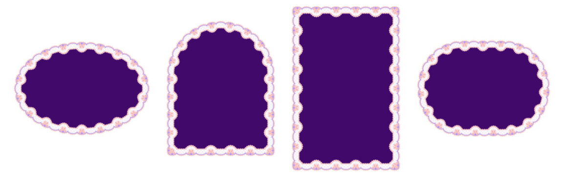 Ivory lattice trim with peach blossom scallops wraps purple wide ellipse, arch, tall oblong plus stadium capsule frames on clean ground as Victorian crochet set for wedding invitation labels.