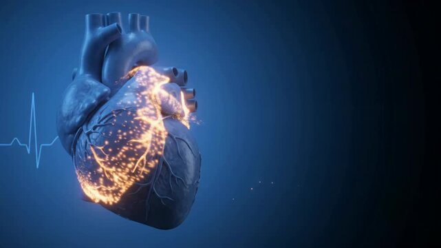 Anatomical 3D animation of a human heart beating with an EKG pulse line on a dark blue background.