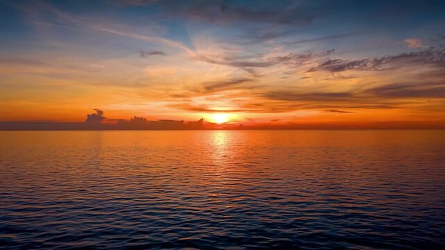 Aerial flight or captains boat POV over the calm ocean into the beautiful summer sunset with orange clouds