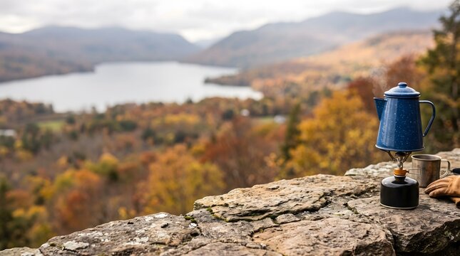 Wide Atmospheric Autumn Lake Landscape With Blue Enamel Camping Pot And Stove On Stone Ledge Vast Natural Background For Outdoor Adventure Website Banners And Wilderness Promotional Overlays