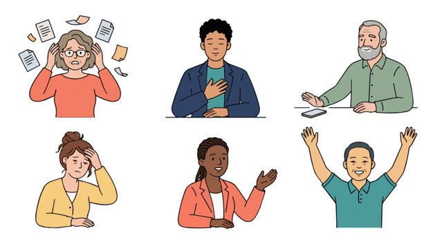 Corporate wellness vector set, diverse adults expressing workplace emotions and mental health moments, flat illustration, set of 6