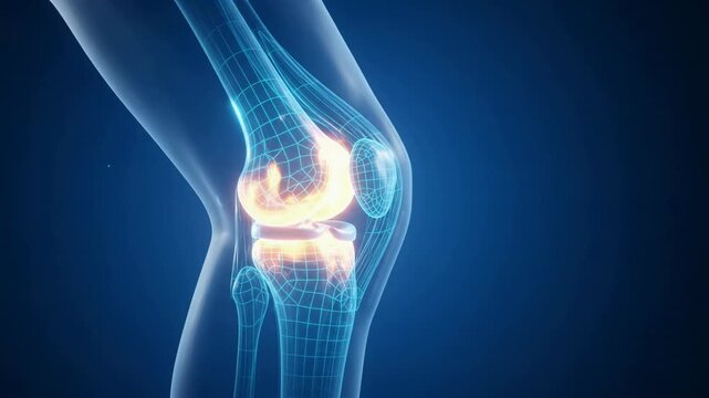 3D medical animation of a human knee joint anatomy with a wireframe mesh on a blue background.