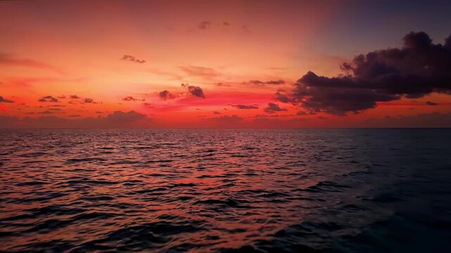 Aerial flight or captains boat POV over the ocean into the tropical summer sunset with orange and red clouds during dusk