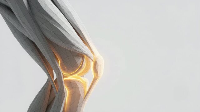 Abstract 3D medical illustration of a human knee joint with glowing blue highlights on a clean white background.