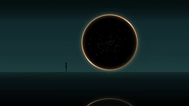 A solitary figure stands before a mysterious glowing black ring, a cosmic gateway reflecting on the tranquil surface below