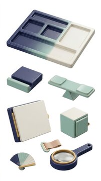 Organized collection of everyday objects with a multi-compartment tray and notebook