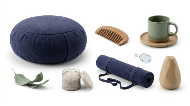 Collection of wellness and self-care items for mindfulness and relaxation on white