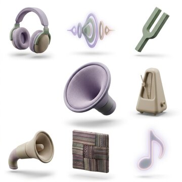 3D rendered collection of music and sound objects including headphones and speaker