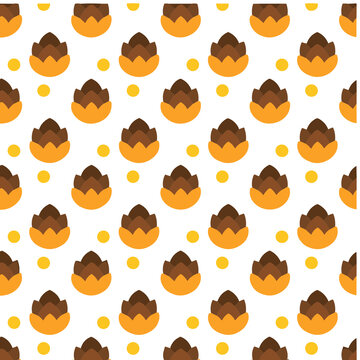 Seamless pattern of stylized hops cones and yellow dots