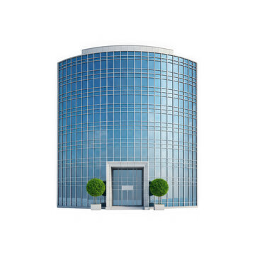 Modern glass office building facade with entrance and small trees isolated on transparent background