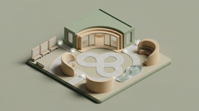 Modern 3D architectural rendering of a minimalist building complex with geometric shapes and abstract design