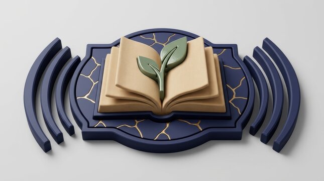 3D rendered open book with a green leaf symbolizing learning and growth