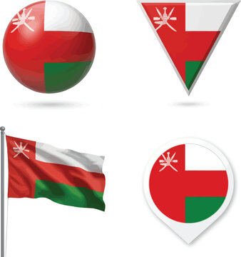 Oman national flag vector graphic design set featuring various geometric shapes and glossy wave effects