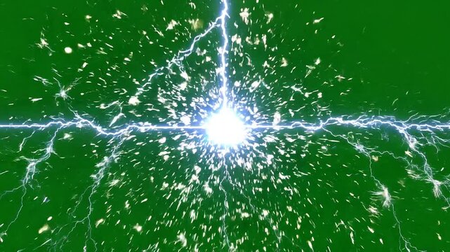 Luminous plasma sphere generating electric lightning and sparks. A powerful ball of pure energy pulsating on a green screen background
