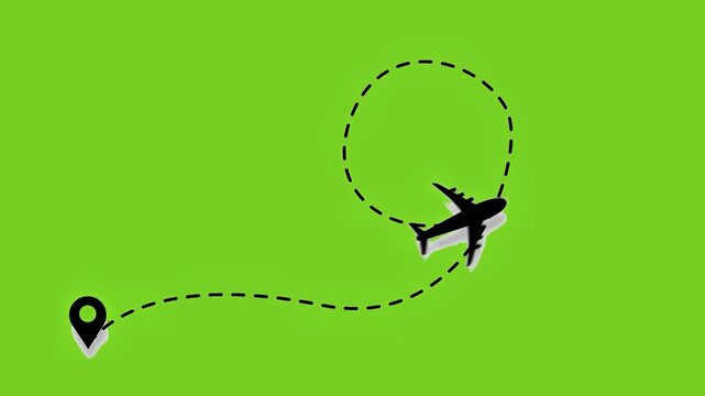 Animated airplane icon flying along a dashed route line from a location pin marker on a green screen key background.