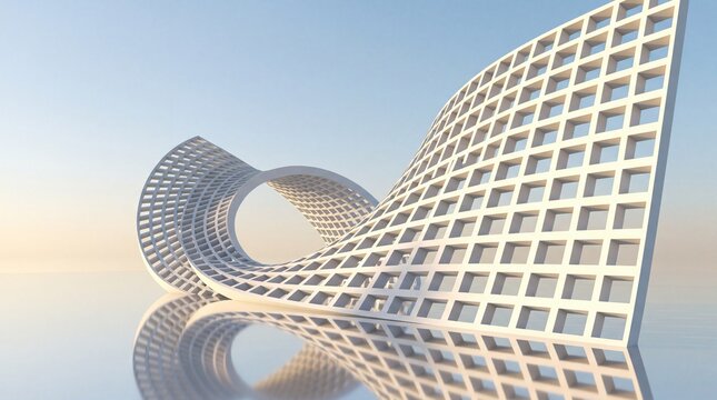 Parametric white grid monument shaped as mobius strip reflecting on wet glossy floor under clear sky.