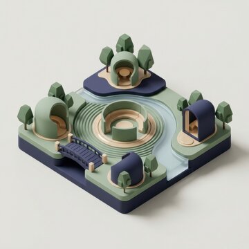 Isometric 3D stylized landscape with stream, bridge, and geometric structures